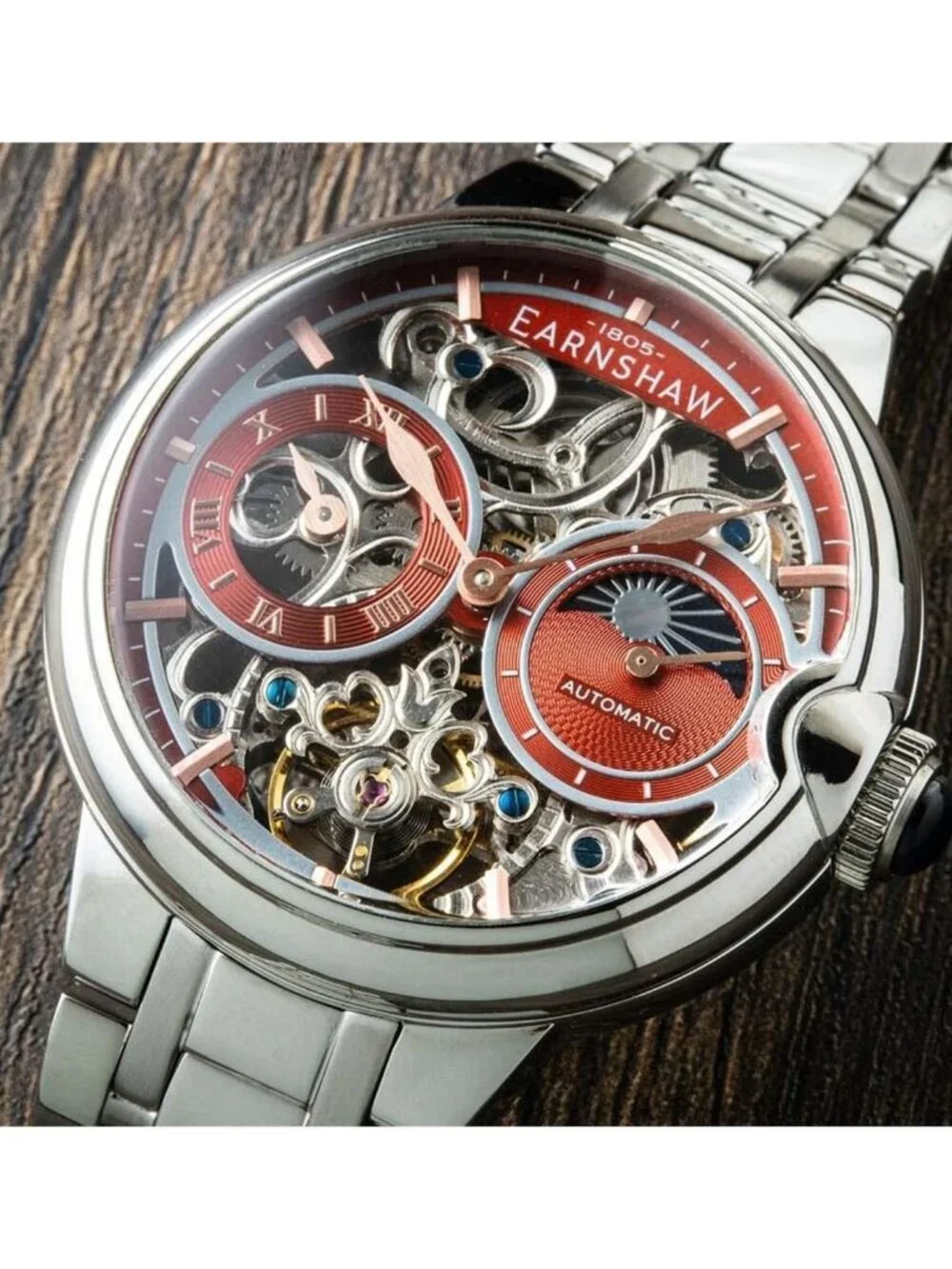 NWT Thomas Earnshaw Barallier Sun Moon Dual Time Automatic Red Dial Men's Watch